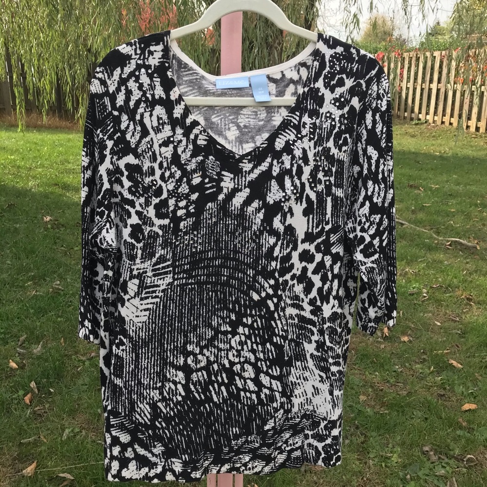 Liz&Me Black/White Embellished Animal Print Top